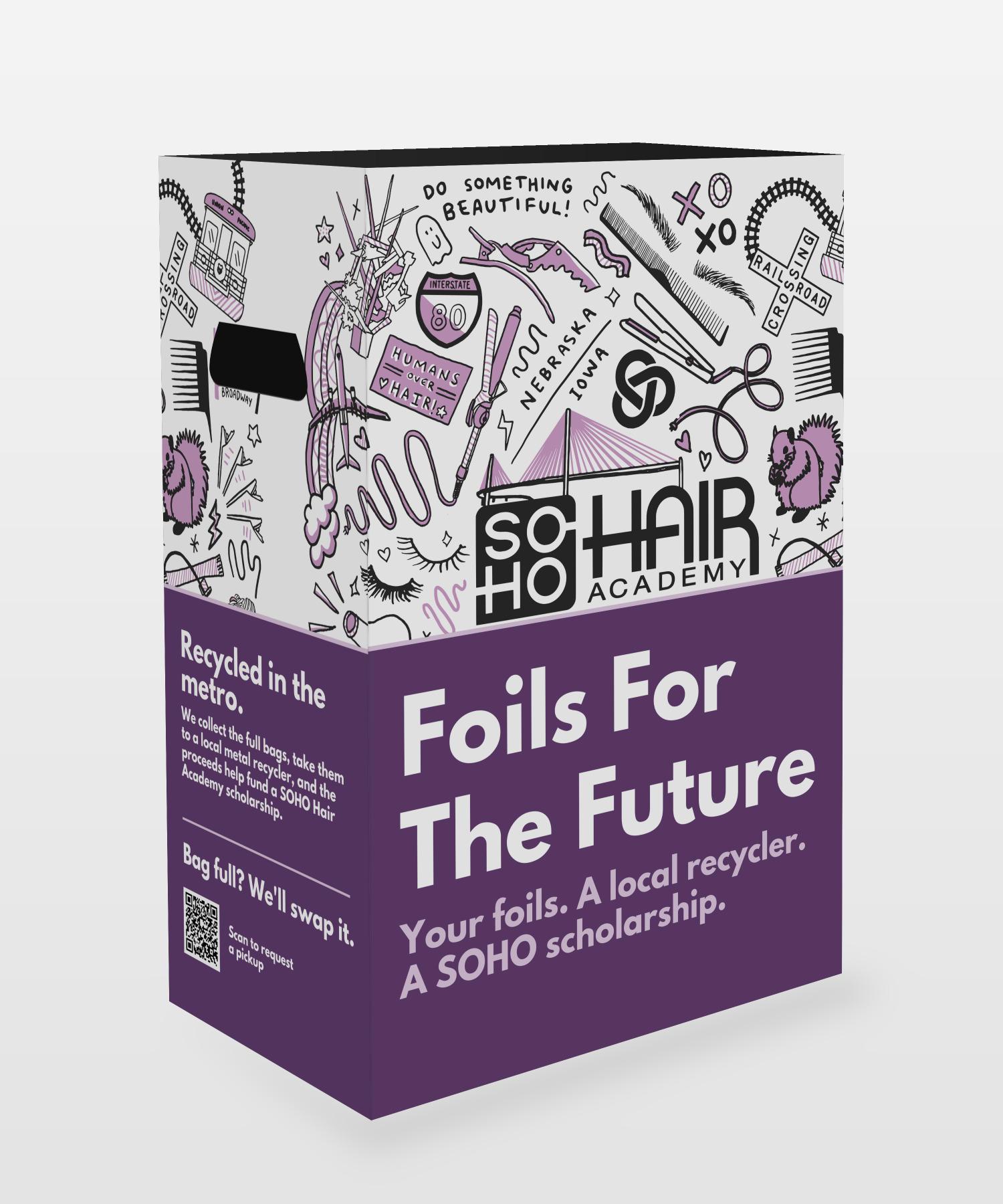 The Foils For The Future collection box, shown at an angle with the illustrated SOHO Hair Academy wrap on top and a plum panel reading Foils For The Future