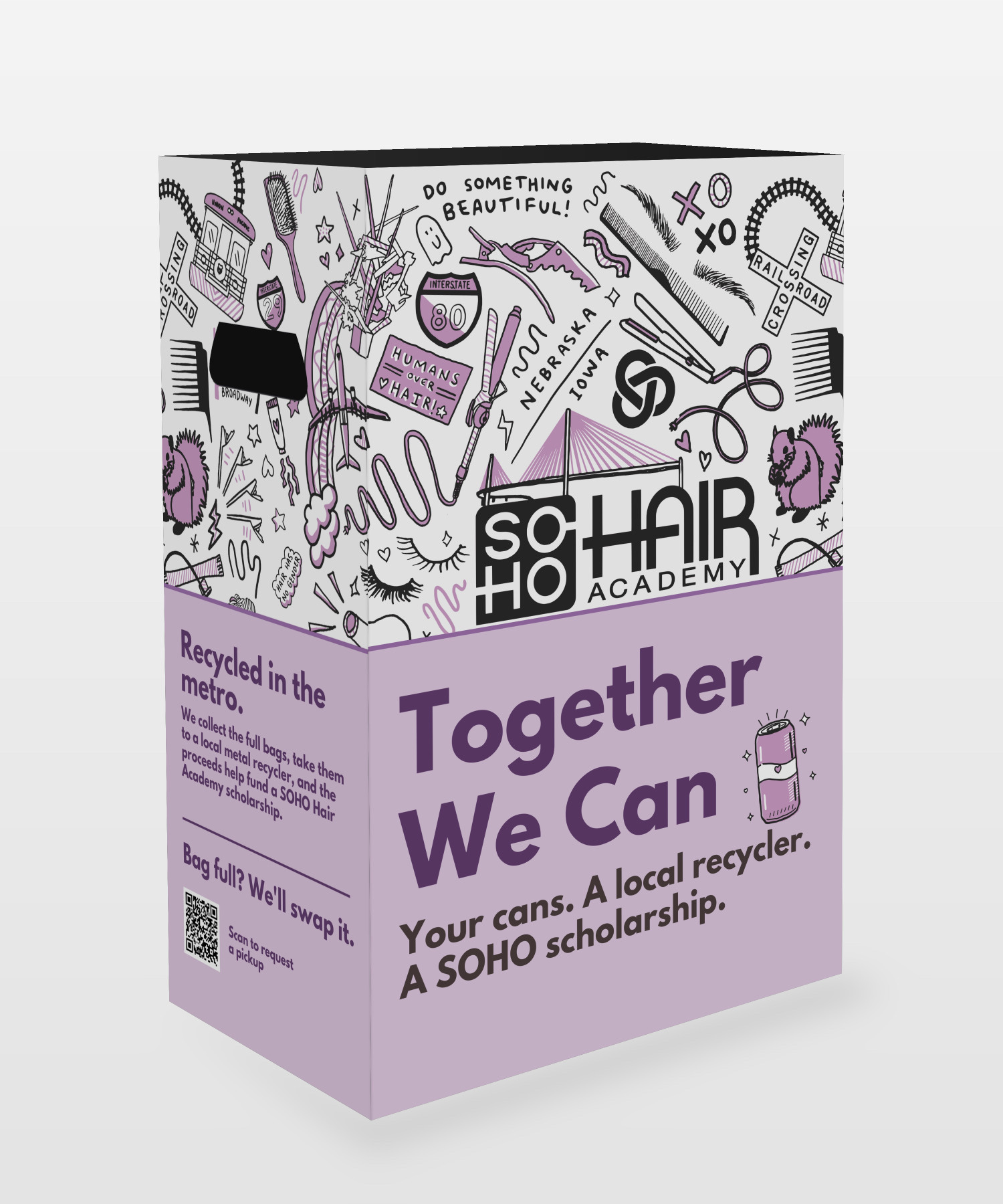 The Together We Can collection box, shown at an angle with the illustrated SOHO Hair Academy wrap on top and a lavender panel reading Together We Can, with a drawing of an aluminum can and the line "Your cans. A local recycler. A SOHO scholarship."
