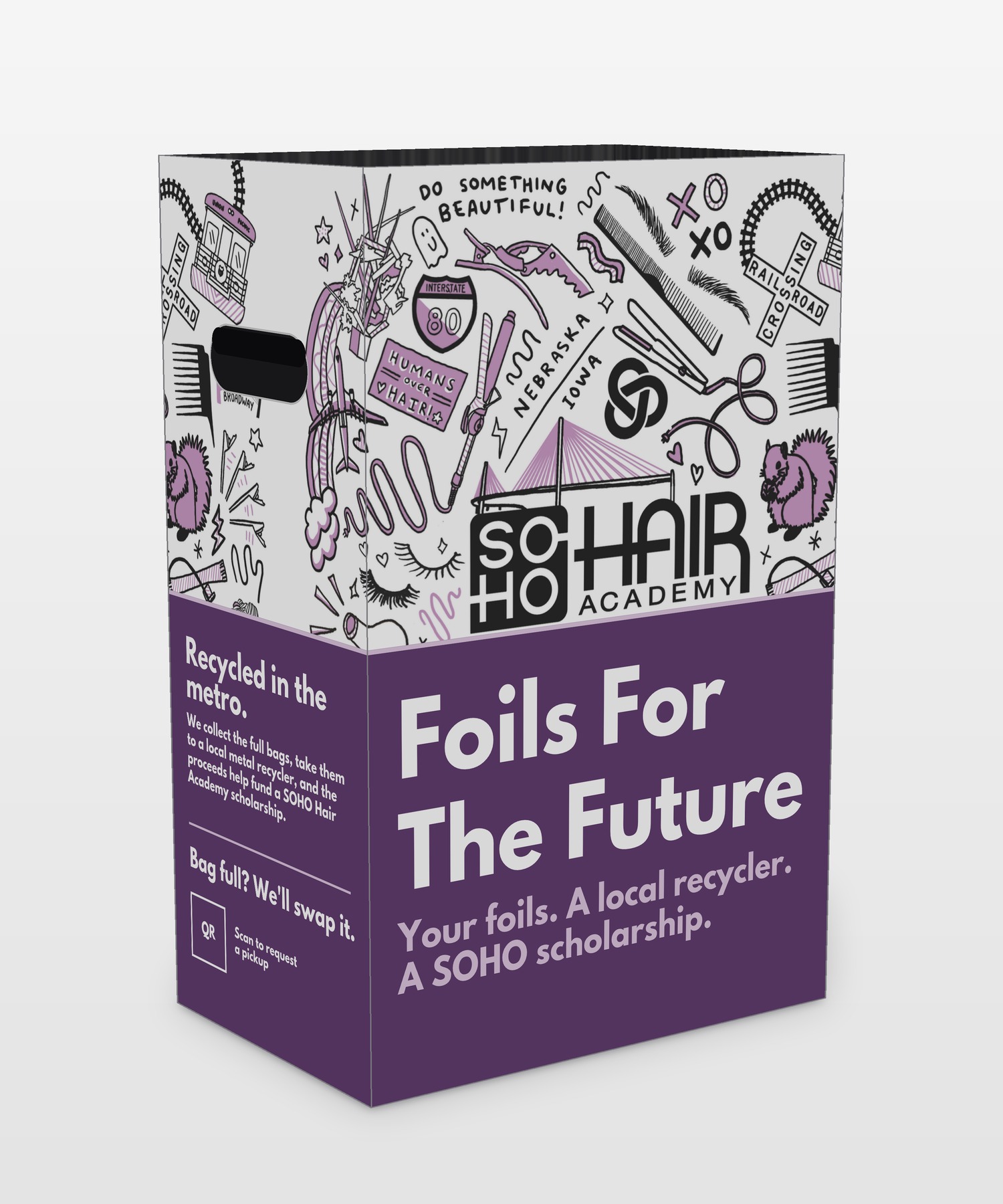 The Foils For The Future collection box, shown from the front with the illustrated SOHO Hair Academy wrap